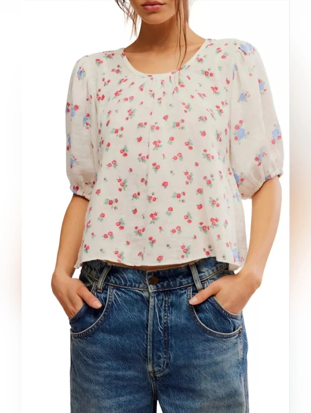 Free People Chloe Floral Puff Sleeve Tie Back Blouse Cotton Gauze White P/S